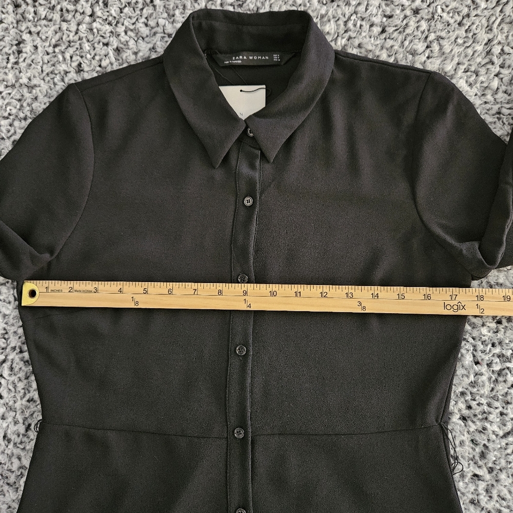 Zara Black Mini Shirt Dress Medium M 3/4 Long Sleeve A-Line Casual Minimalist - Picture 10 of 14